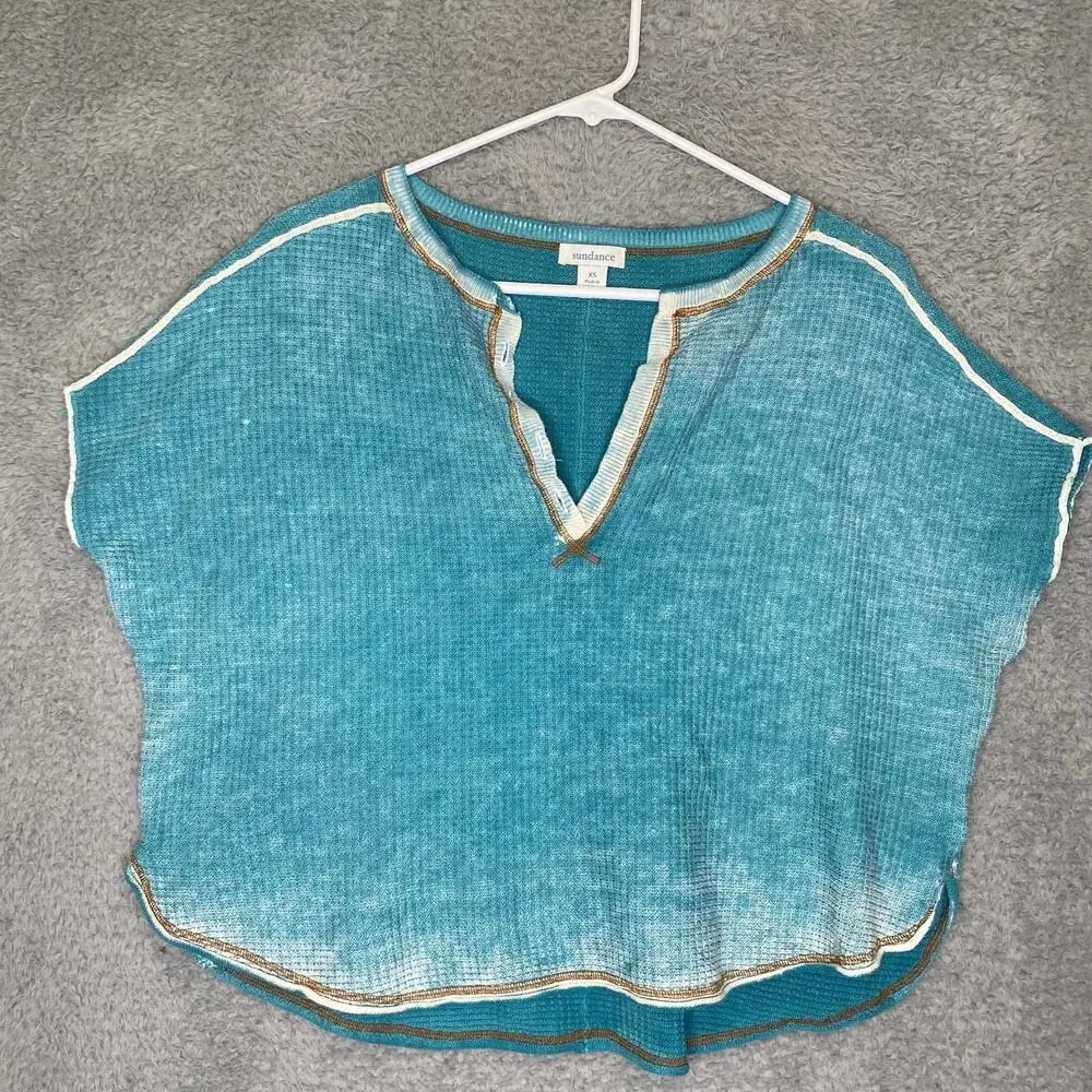 Sundance womens XS blue waffle knit short sleeve coastal boho beachy hippie soft